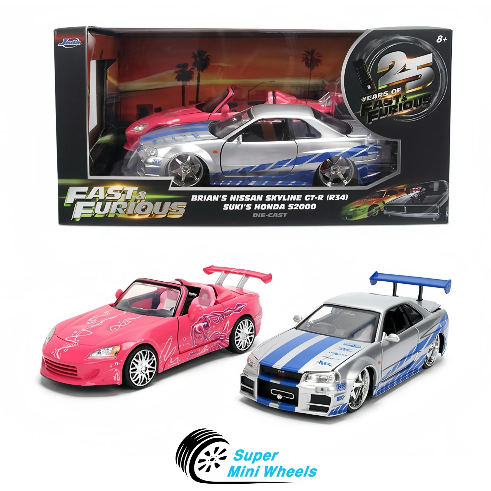 Jada 1:24 Twin Pack – Brian’s Nissan Skyline GT-R (R34) & Suki’s Honda S2000 – Fast & Furious 25th Anniversary #37543