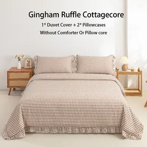 3-Piece Pastoral/Country Style Bedding Set, 100% Ultra-Soft Microfiber Plaid Ruffle Duvet Cover Set - Includes 1 Duvet Cover + 2 Pillowcases (No Comforter/Pillow Core Included), Wrinkle Resistant, Breathable & Fade Resistant, Easy Care, All-Season Use.