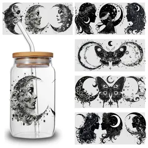 5 Sheets Moon Silhouette UV DTF Stickers Flowers Plastic Self-Adhesive Labels Religious Designs Heart Decoration Supplies Wrap transfer sticker Cup Mug