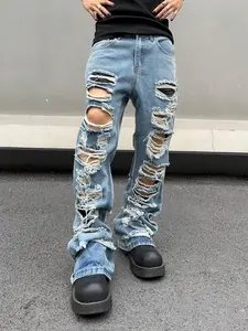 Men's Regular Fit Plain Ripped Straight Leg Jeans, Casual Comfy Denim Pants for Daily Wear, Fashion Men's Bottoms for All Seasons, Cotton Ripped Pocket Jeans, Flared Jeans