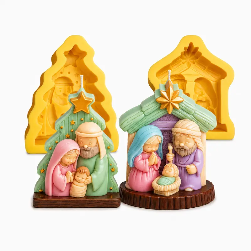 2 pcs Nativity Candle Mold Holy Family Christmas Silicone Mold in Tree Shape for DIY Soaps  & Resin Ornaments