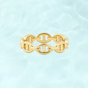 PAVOI Waterproof Link Ring - 14K Gold Plated Stainless Steel Link Chain Ring for Women - Stackable Thin Trendy Jewelry