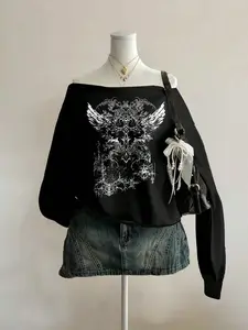Women's Y2K Shoulder Cut Out Punk Gothic Print Sweatshirt, Irregular Neckline, Loose Fit Long Sleeve Top for Fall Winter
