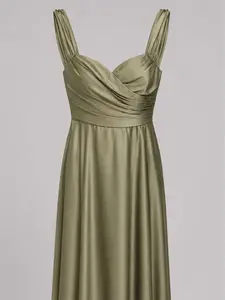 Sage Green Satin Maxi Dress – Elegant Pleated Evening & Bridesmaid Gown | Size : 14 XL