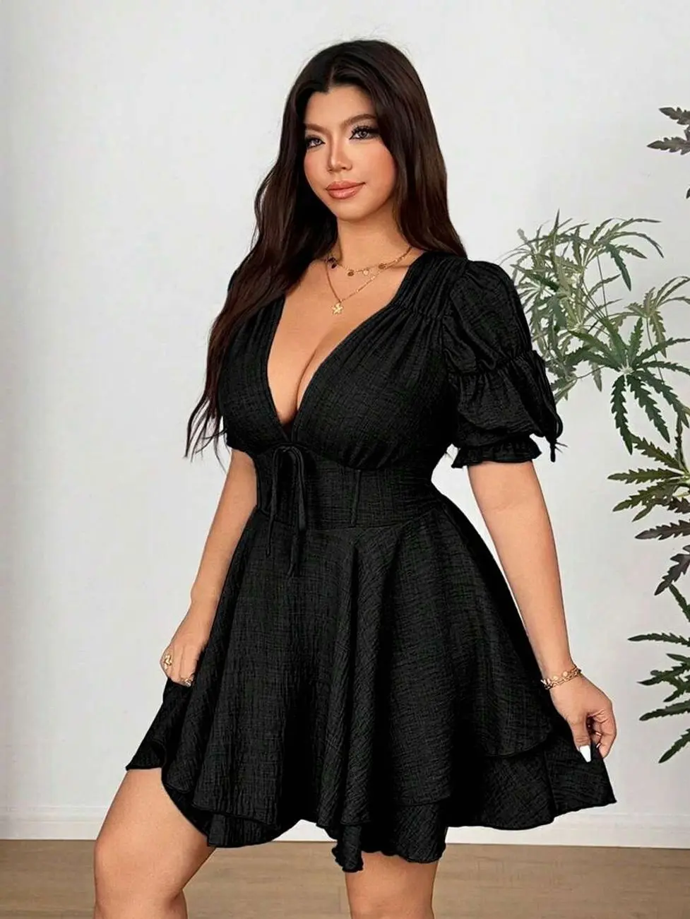 Plus Size Deep V-Neck Puff Sleeve Fitted Party Mini Dress
