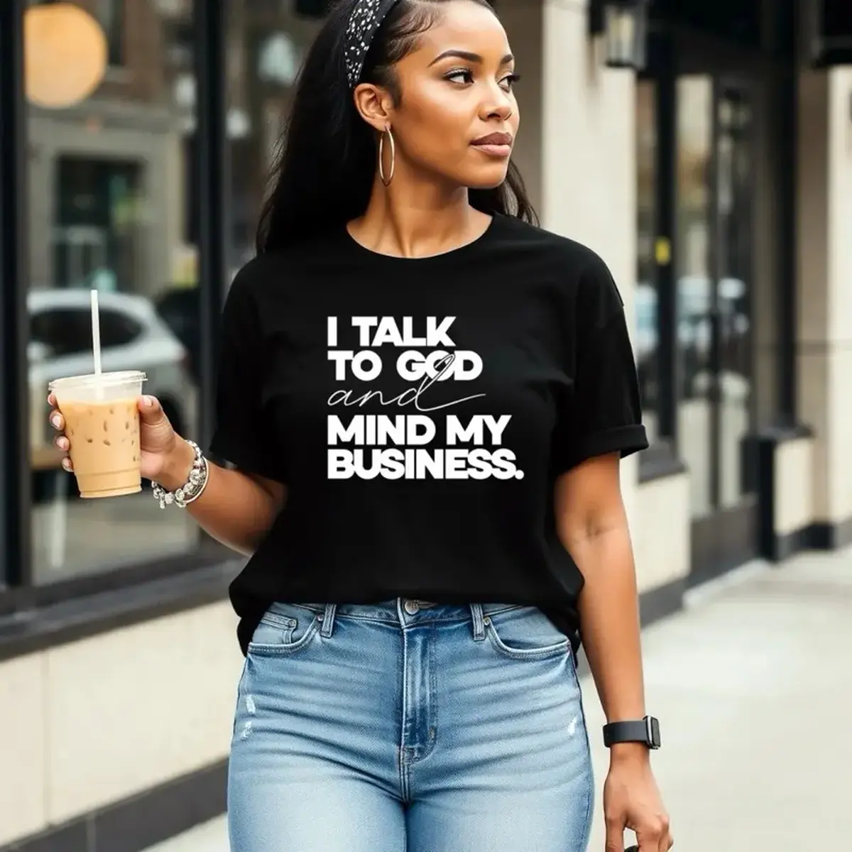 Women's Graphic T-Shirt, Soft Cotton Oversized Style with Round Neck, Casual Short Sleeve Streetwear with "Mind My Biz" Prayer First Vibe, Shortsleeve, Screen Print, Tshirt Unisex T-shirts Round Neck Tshirt Women's T-shirts Summer T-Shirt Womenswear