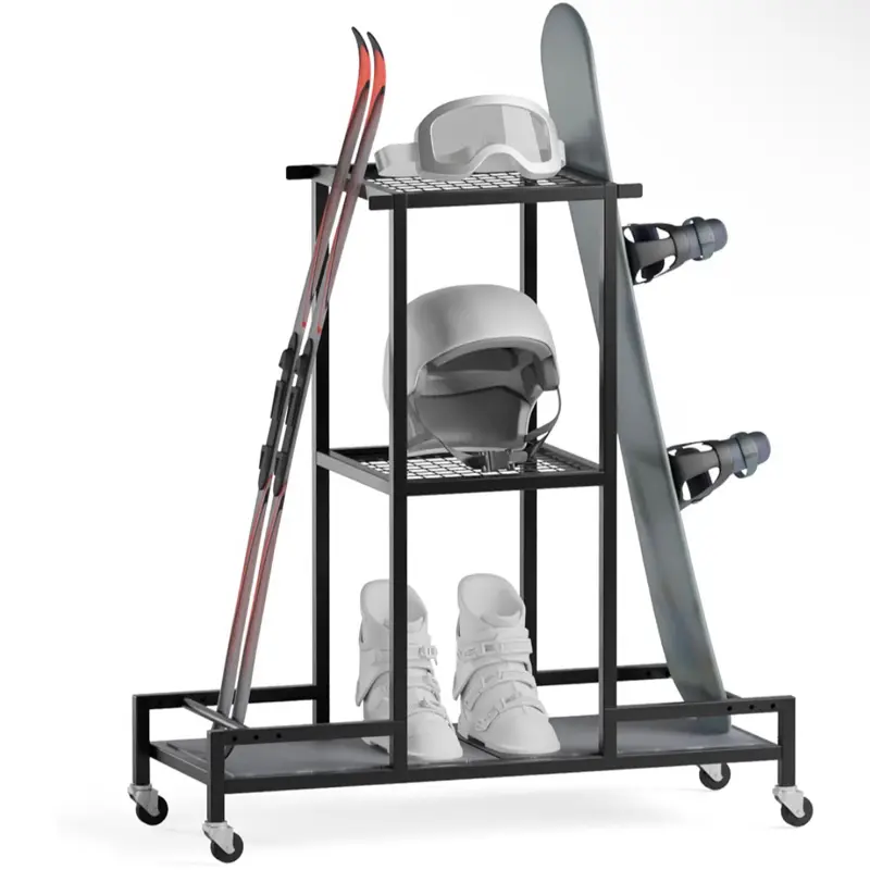 3-Tier Black Standing Ski Storage Rack with Anti-Slip Mat, Holds Skis & Snowboards, Garage Gear Organizer