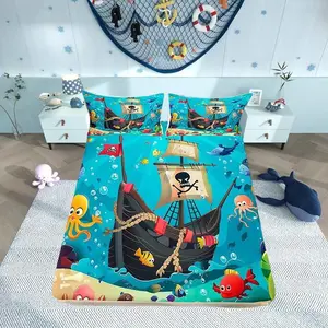 Cartoon Pirate Ship Fitted Sheet Marine Adventure Bedding Set,Girls Boys Kids Underwater Fish Bed Cover Cute Octopus Jellyfish Bed Sheet,(No Flat Sheet)