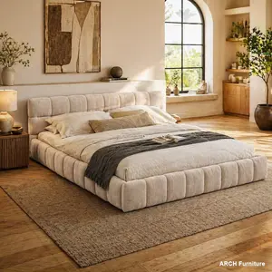 Chenille Fabric Upholstered Queen Bed Frame with Thick Fabric Headboard, Solid Platform Bed Frame, No Box Spring Required, Beige (68in×86.5in×23.5in), Bed Frames
