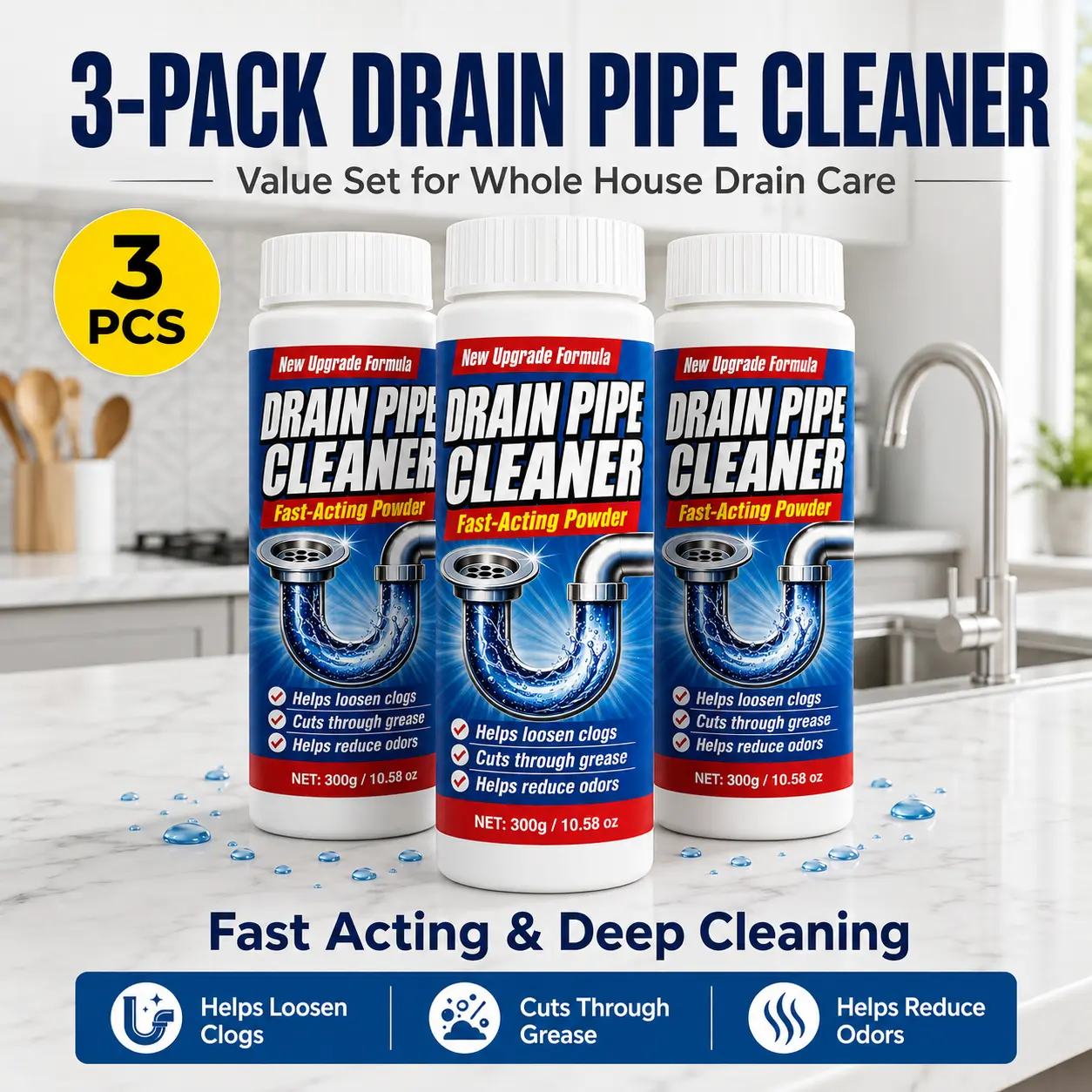1pcs/2pcs/3pcs 300g Quick-Acting Drain Cleaner & Clog Remover, No Surfactants, for Toilets, Sinks, Tubs, Shower Drains, Kitchen Pipes, Bathroom & Kitchen Maintenance, Sink Clog Remover, Tub Drain Cleaner, Home Maintenance