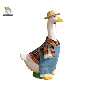 Porch Goose Farmer Outfit Cute Overall Costume with Sraw Hat for Lawn Goose Statue, Patio Decoration
