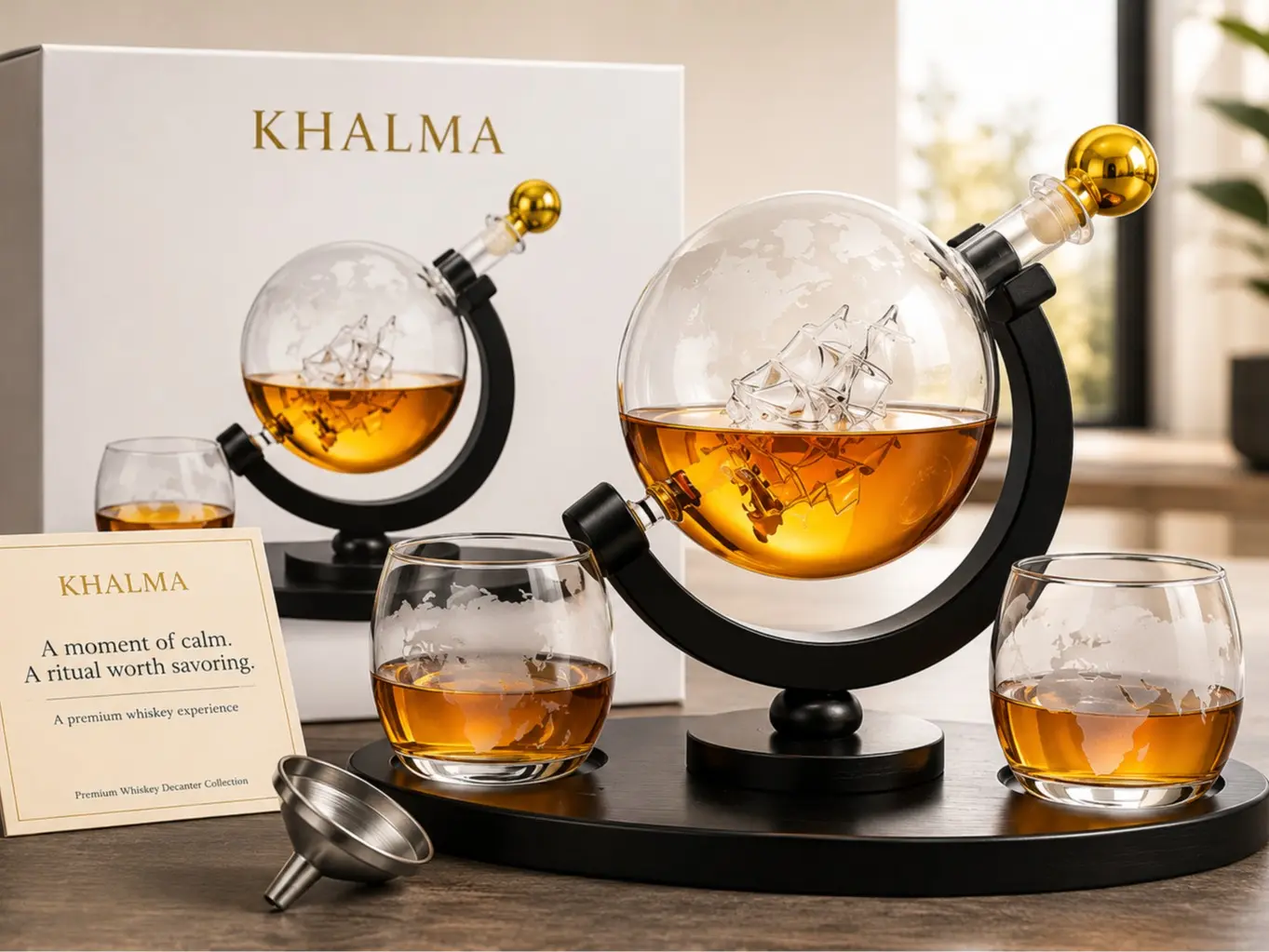 Whiskey Decanter Set Globe Design  | Luxury Gift for Men, Husband, Dad – Bar Set with Glasses