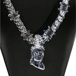 FaithFilledFinds Unisex Jesus Pendant Necklace with Clear Barbed Wire Chain - Men's Streetwear Jewelry, Trendy Daily Wear Accessory, Ideal Birthday or Christmas Gift, Torc Necklace