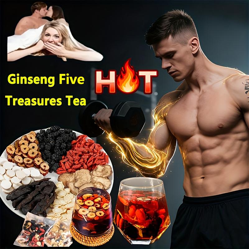 Ginseng Five Treasure Tea Traditional Kidney Cleansing Formula for Men Women Natural Herbal Remedy Health Boosting Drink Pure Ingredients Traditional Recipe Loaded Tea Beverage Christmas Gift Organic Chinese Tea