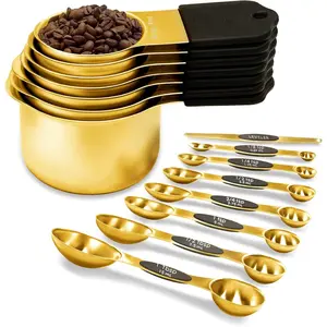 Measuring Cups and Set, Including 7 Stainless Nesting Gold Measuring Cups & 8 Gold Measuring with 1 Leveler for Cooking & Baking