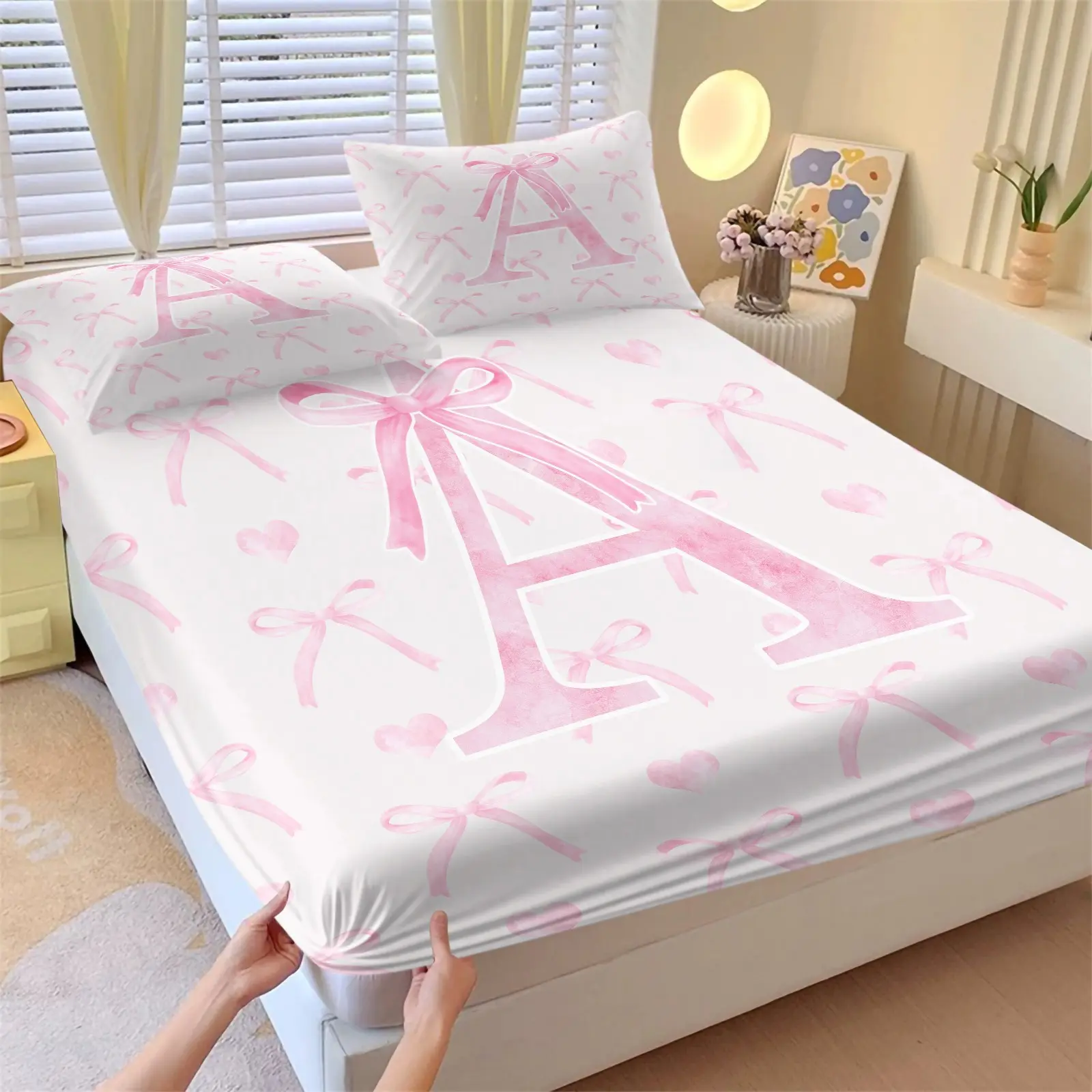 3Pcs Pink Bow Printed Fitted Sheet Set, Creative A-Z Alphabet Printed Bedding Sets, Soft Microfiber Fabric Comfortable and Durable, Perfect Girl's Bedroom Decorating Kit, Bed Sheets Set, Breathable Durable Sheets, Without Filler