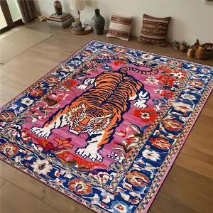Tiger Pattern Floor Mat, 1 Count Non-slip Soft Floor Carpet, Decorative Area Rug for Home Living Room Bedroom Dormitory Hotel, Floral Pattern Rug, Animal Print Rug, Floral Washable Rug, Animal Printed Rug