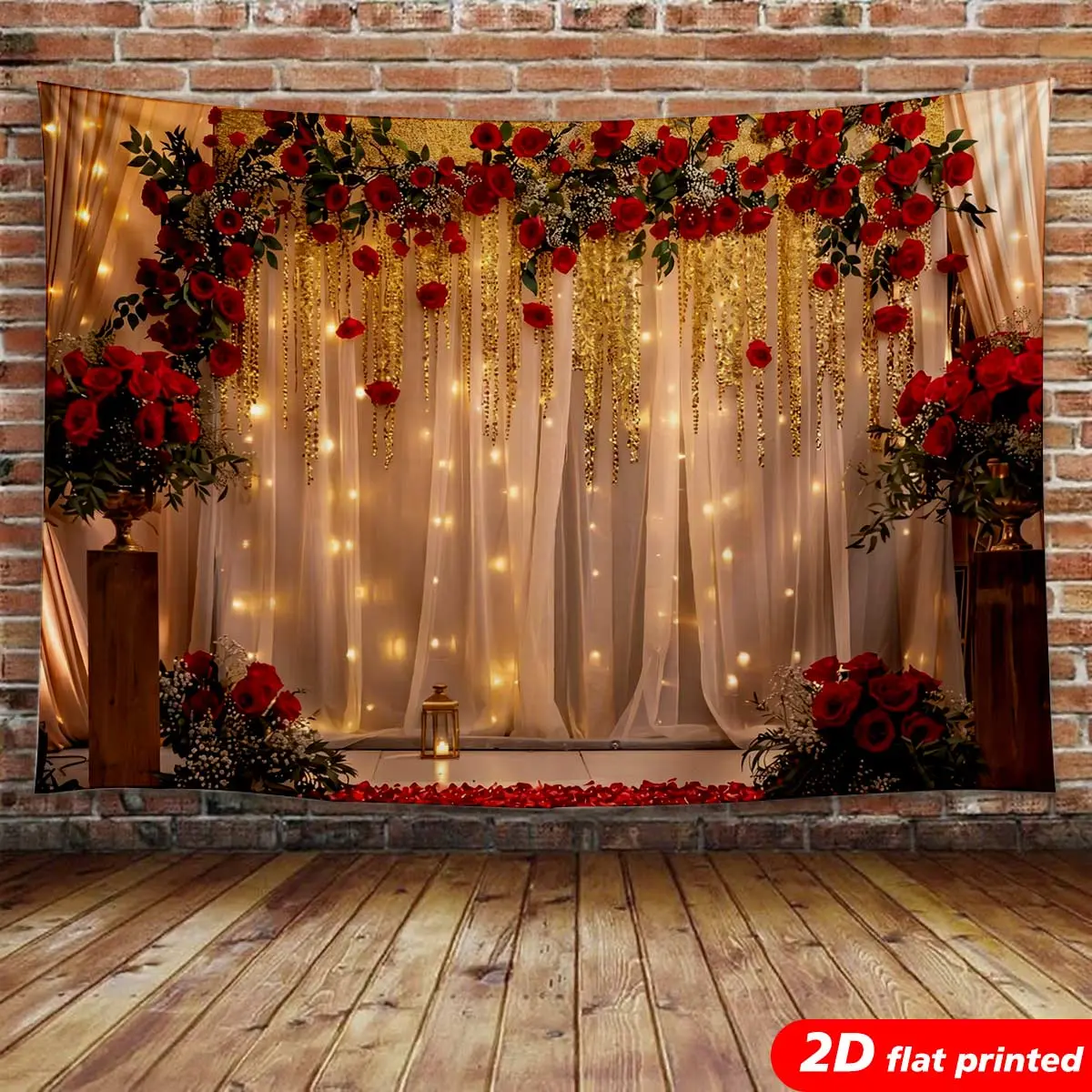 Red Rose Flower Tapestry Wall Hanging - 2D Flat Printed Polyester Elegant Style Arch Backdrop Tapestry, Romantic Floral Curtain with Fairy Lights, Wedding Gift & Aesthetic Room Decor Prop, Arch Backdrop Tapestries, Elegant Style Tapestries