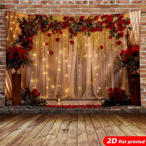 Red Rose Flower Tapestry Wall Hanging - 2D Flat Printed Polyester Romantic Floral Curtain with Fairy Lights, Photo Backdrop Gift for Wedding, Aesthetic Room Decor