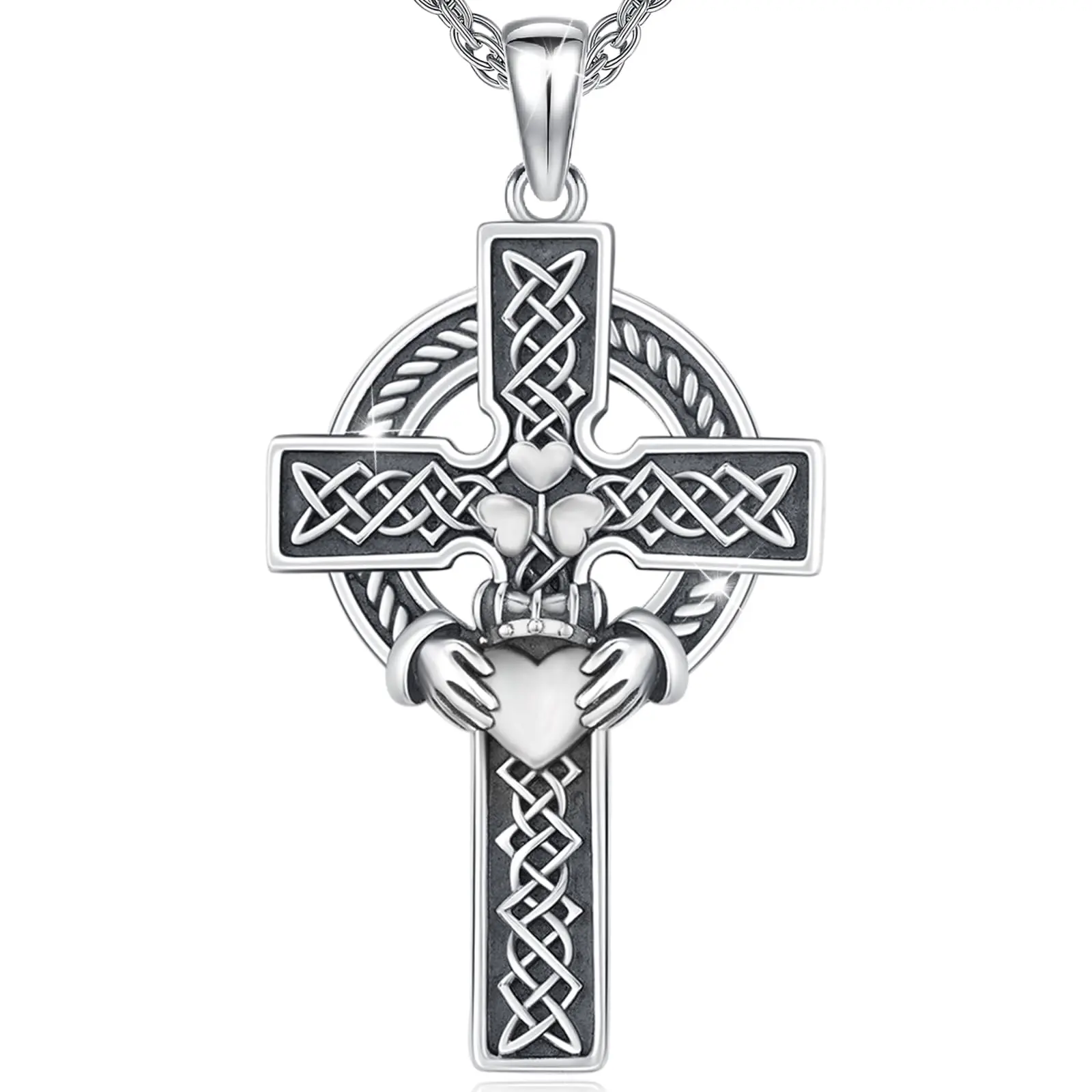 DRINSPER S925 Hypoallergenic Celtic Knot Claddagh Cross Design Pendant Necklace with Chain, Pagan Protection Spiritual Pendant Amulet Jewelry, Ideal Gift with Jewelry Box by Dongguanshi Changda Shoushi Ltd.