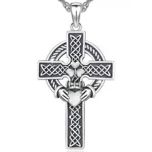 DRINSPER S925 Celtic Knot Necklace Claddagh Design Celtic Cross Necklace Pagan Jewelry Protection Amulet Gift