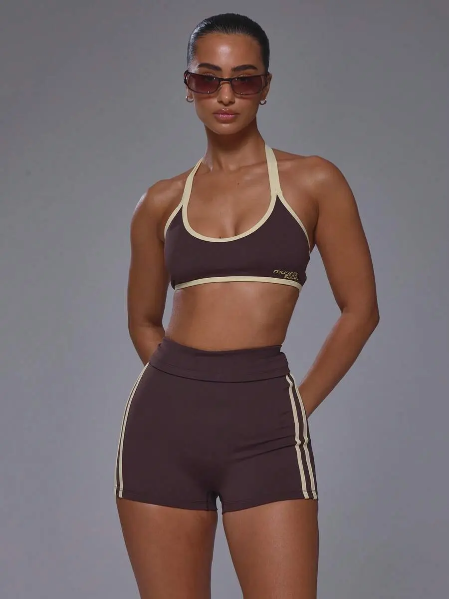 VARSIA Sport Scoop Neck Contrast Colour Piping Open Back Halterneck Soft Touch Active Sports Bra Top Coord Top Only Sport Workout Gym Cute Pilates Fitness Daily