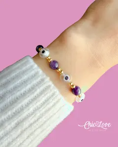 Amethyst & White Evil Eye Bracelet, Natural Amethyst Beads, Adjustable Minimalist Bracelet