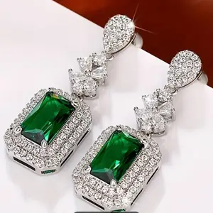 Elegant Cubic Zirconia Rhinestone Dangling Earrings with Green Gemstone Accents Sparkling Fashion Jewelry