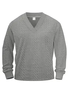 Men's deep V-neck solid color jacquard pattern pullover hoodie, Knitwear, loose dropped shoulder version, autumn and winter retro long sleeve sweater, suitable for daily street, coffee dating, light business leisure and other scenes