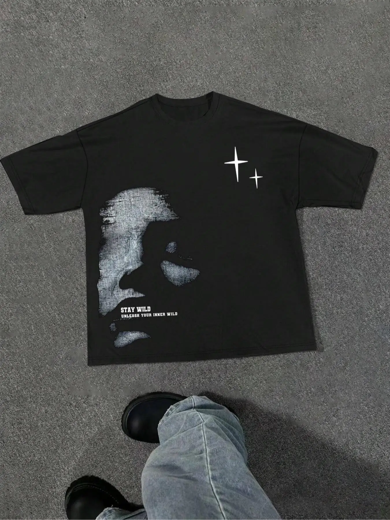 Men's Letter & Figure & Stars Print Drop Shoulder Tee, Regular Fit Street Fashion Casual Soft Comfy Short Sleeve Round Neck T-Shirt for Daily Wear, Me