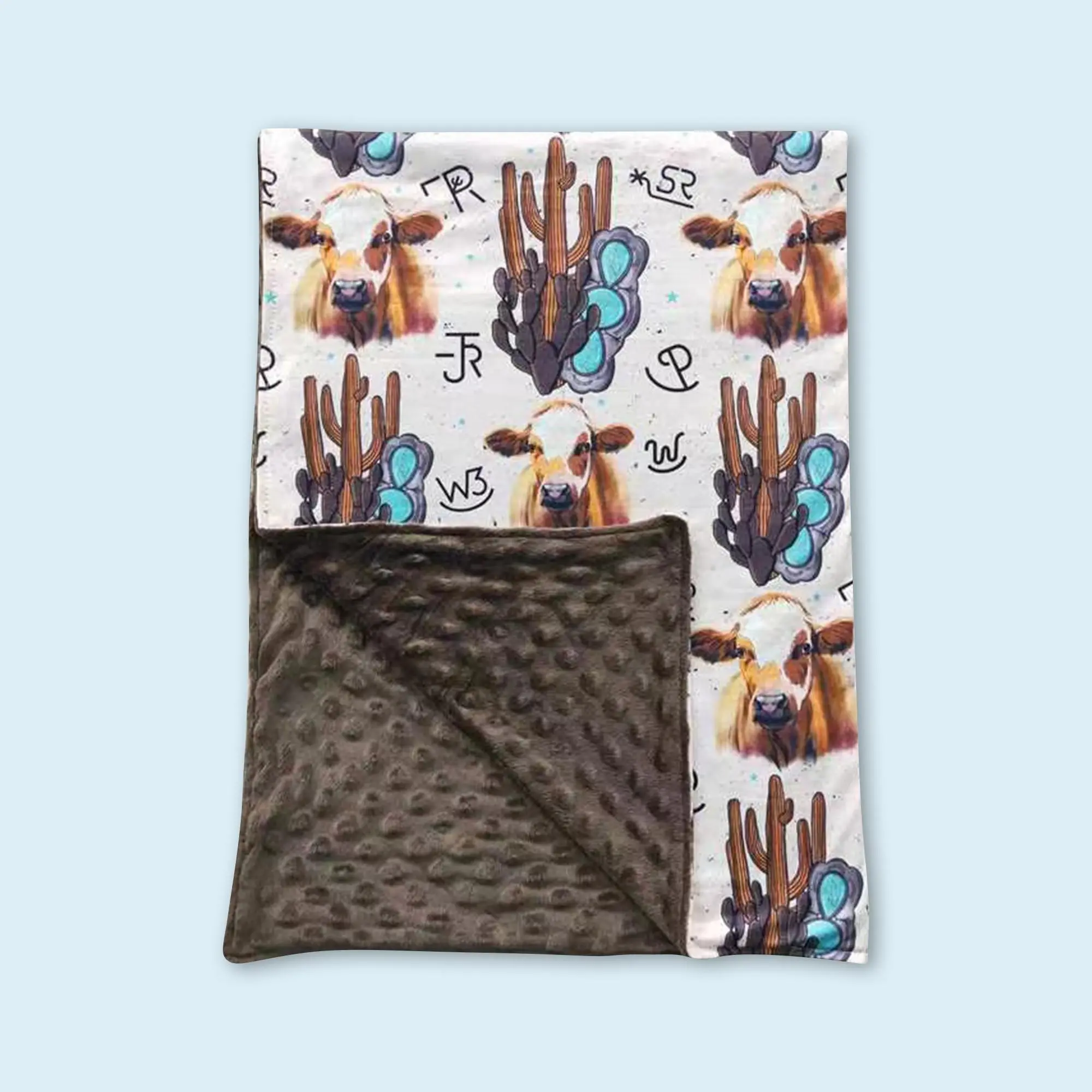 Western Baby Blankets, Cow & Cactus Prints, Turquoise & Brown Colors, Soft, Eco-Friendly, Exquisite Workmanship, True Size, Suitable for Casual Wear
