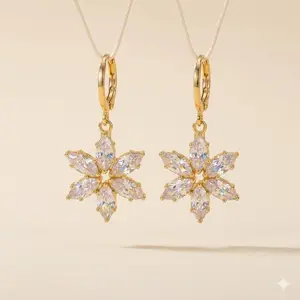 Flower Dangle Earrings for Women, Daisy Flower Dangling Leverback Earrings, Cubic Zirconia Dangly Earring 14k Gold Plated Hypoallergenic CZ Floral Drop Earing for Women Trendy Jewelry Gifts