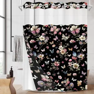 1PC 2D Flat Romantic Black Background Colorful Butterfly Flower Shower Curtain, Watercolor Butterfly Floral Design, Waterproof Detachable Liner Bathroom Curtain, Bathroom Decor (No Hooks)