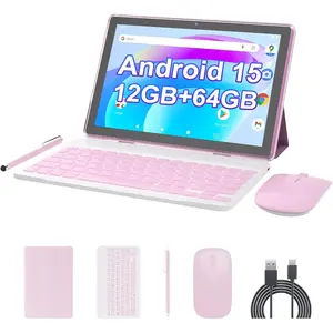 Android 15 Tablet 10 inch, 2 in1 Tablets with Keyboard Case  Stylus, 12GB RAM 64GB ROM 1TB Expand, Quad-Core Processor Tablet PC, 5G WiFi6, BT5.0, 6000mAh, 1280*800 IPS Screen, Widevine L1,