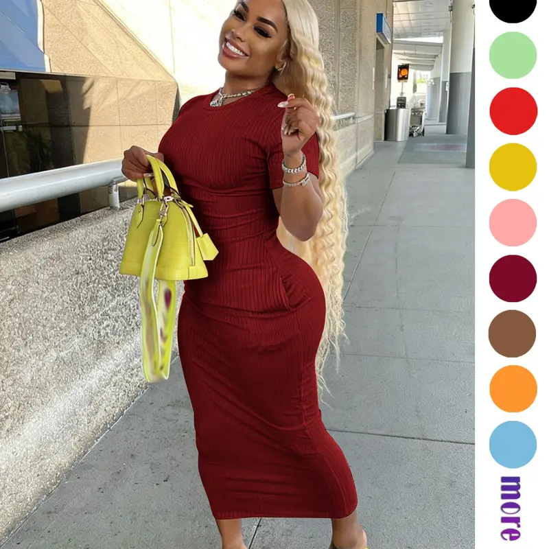 European and American Style Crew Neck Short Sleeve Ribbed Knit Bodycon Dress, Casual Slim Waist and Hip Midi Dress with Pockets, Versatile Minimalist Basic Solid Color Stretch Dress for Daily Wear, Casual Everyday Wear