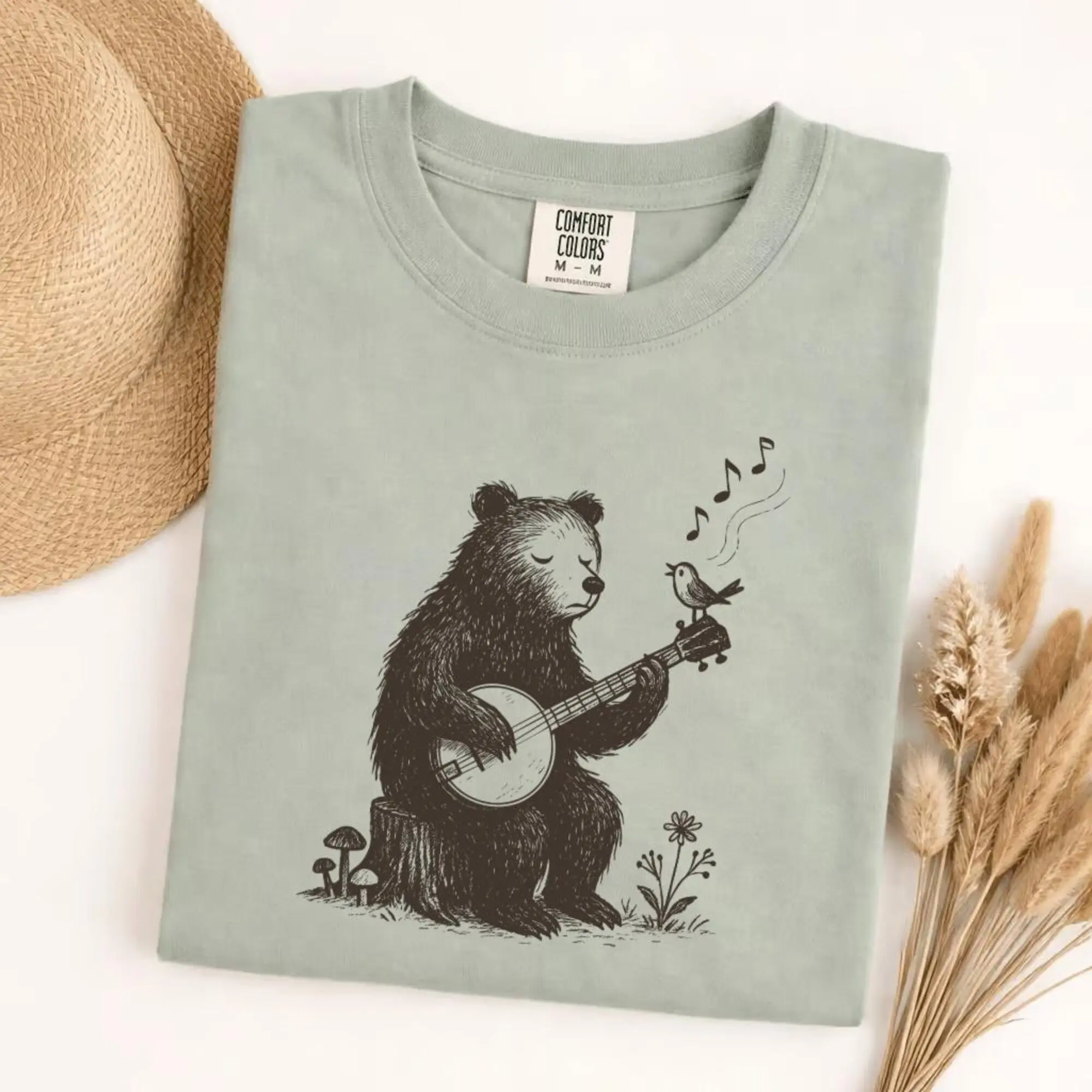 Comfort Colors Banjo Bear Bird T-Shirt, Retro Folk Music Animal Graphic Tee, Nature Lover Gift, Country Bluegrass Art Shirt