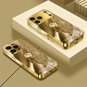 Happiness Romantic Gold Rose Tempered Glass Phone Case Glitter Electroplated Frame Suitable for iPhone 17 16,15,14,13,12,11 Plus Pro Max