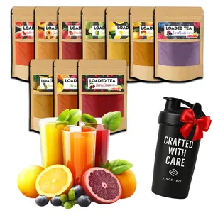 Loaded Tea Beverage Pack with Shaker, 10x10g (0.35 oz Each) 10 Fruity Flavors, Caffeine-Containing Iced Energy Tea, Makes 50 oz (1.5 L) Refreshing Drinks