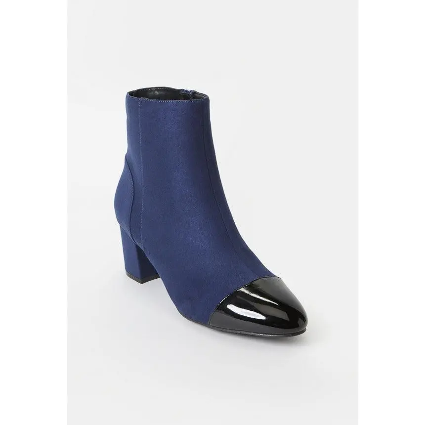 Women's Navy Ankle Boots, Sleek Patent Cap-Toe Dress Shoe with a Comfortable Block Heel and Side Zipper - Classy Heels for Work, Footwear, Comfortable Heels, Ankle Length