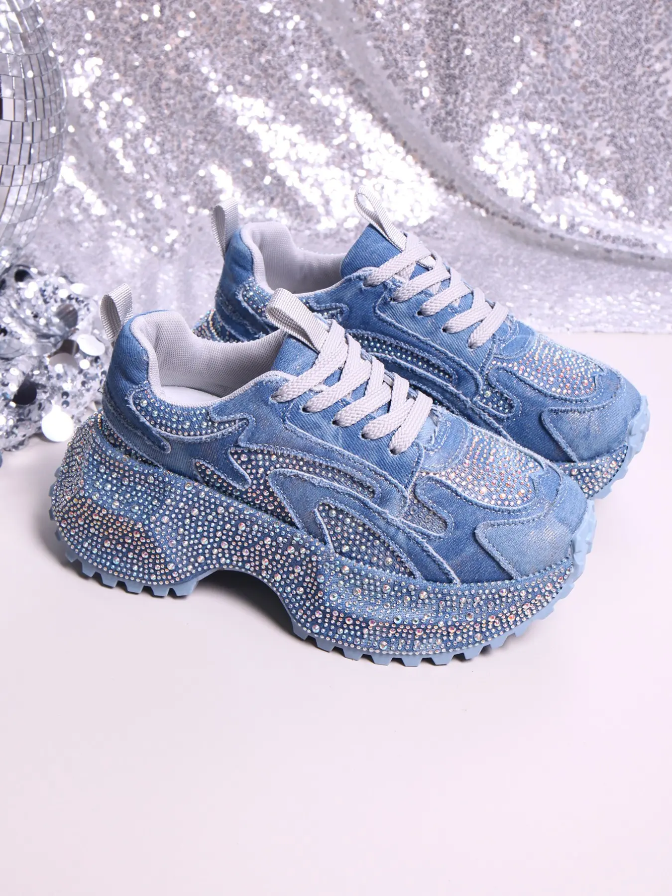 Spring Summer New European Style Rhinestone Denim Dad Shoes, Thick Sole Platform Rhinestone Embellished Sneakers, Trainer, Shiny Crystal Casual Comfortable Women's Shoes, Sports Shoes, Walking Shoes