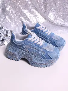 Spring Summer New European Style Rhinestone Denim Dad Shoes, Thick Sole Platform Trainer Sneakers, Shiny Crystal Casual Comfortable Women's Shoes