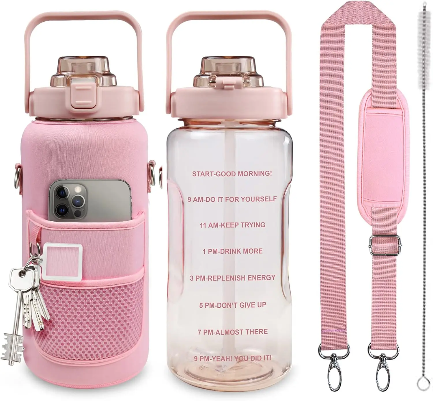 Half Gallon Water Bottle with Sleeve, 64OZ Motivational Water Bottle with Straw & Time Marker, BPA Free Leakproof Gym for Sport Workout, Scale, Lid