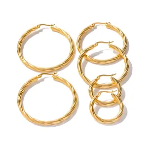 European & American Fashion 18K Gold Plated Stainless Steel Cable Texture Hoop Earrings, INS Style, Tarnish Resistant Titanium Steel Earrings for Women