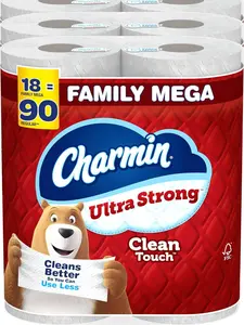 Charmin Toilet Paper Ultra Strong Clean Touch, 18 Family Mega Rolls = 90 Regular Rolls (Packaging May Vary), Household Essentials, Bathroom Essentials