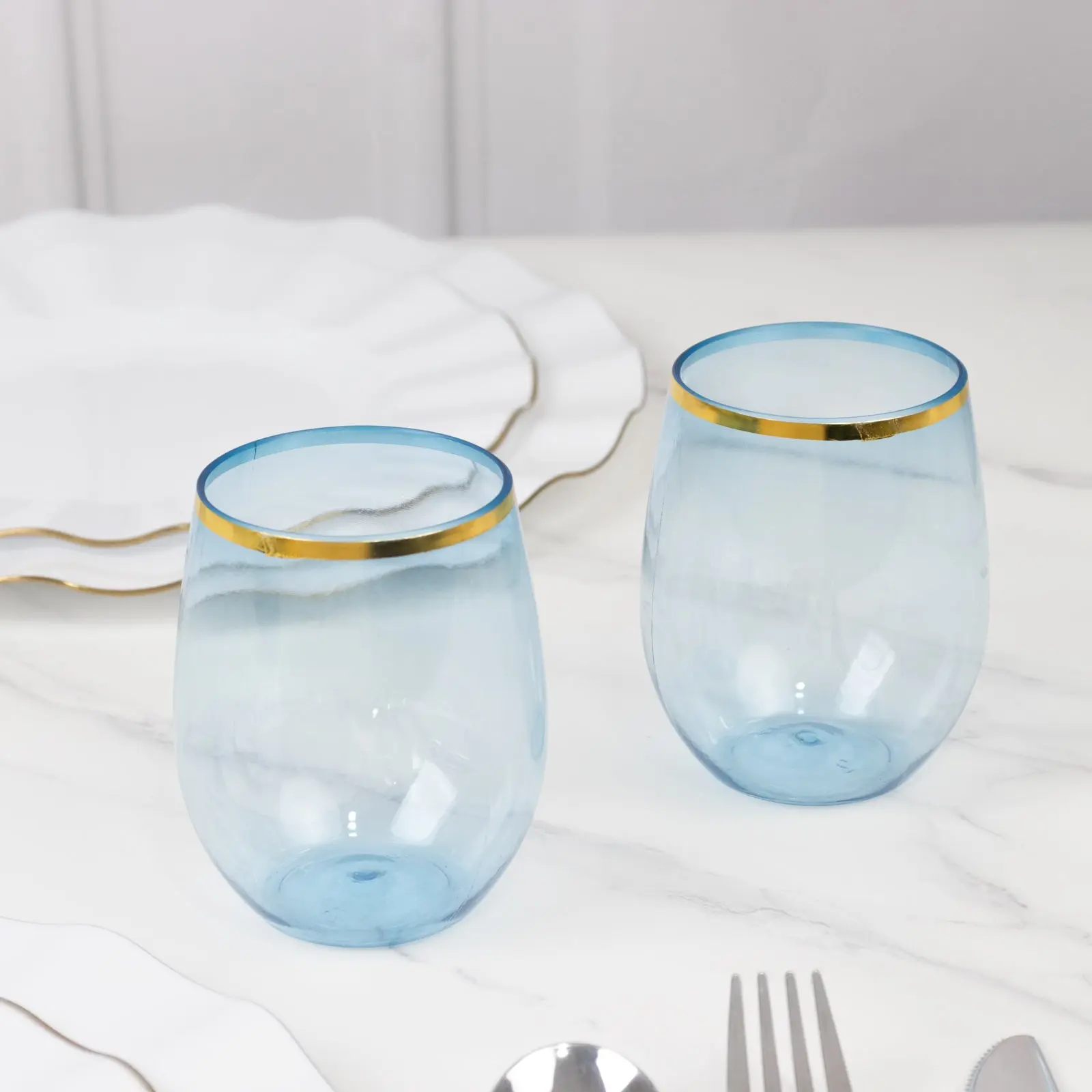12-Pack Plastic Wine Tumblers Transparent Dusty Blue with Gold Rim -  Reusable Drinkware 12oz - TikTok Shop