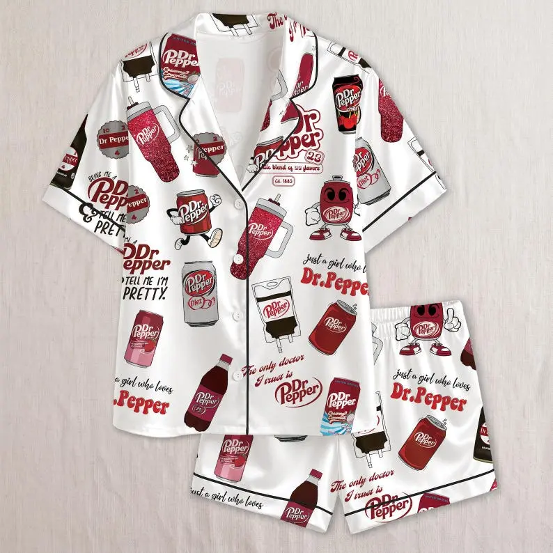 Women's Soda Can Print Silk Pajamas, Retro Drink Theme Sleepwear Set, Cute Loungewear for Home & Relaxing