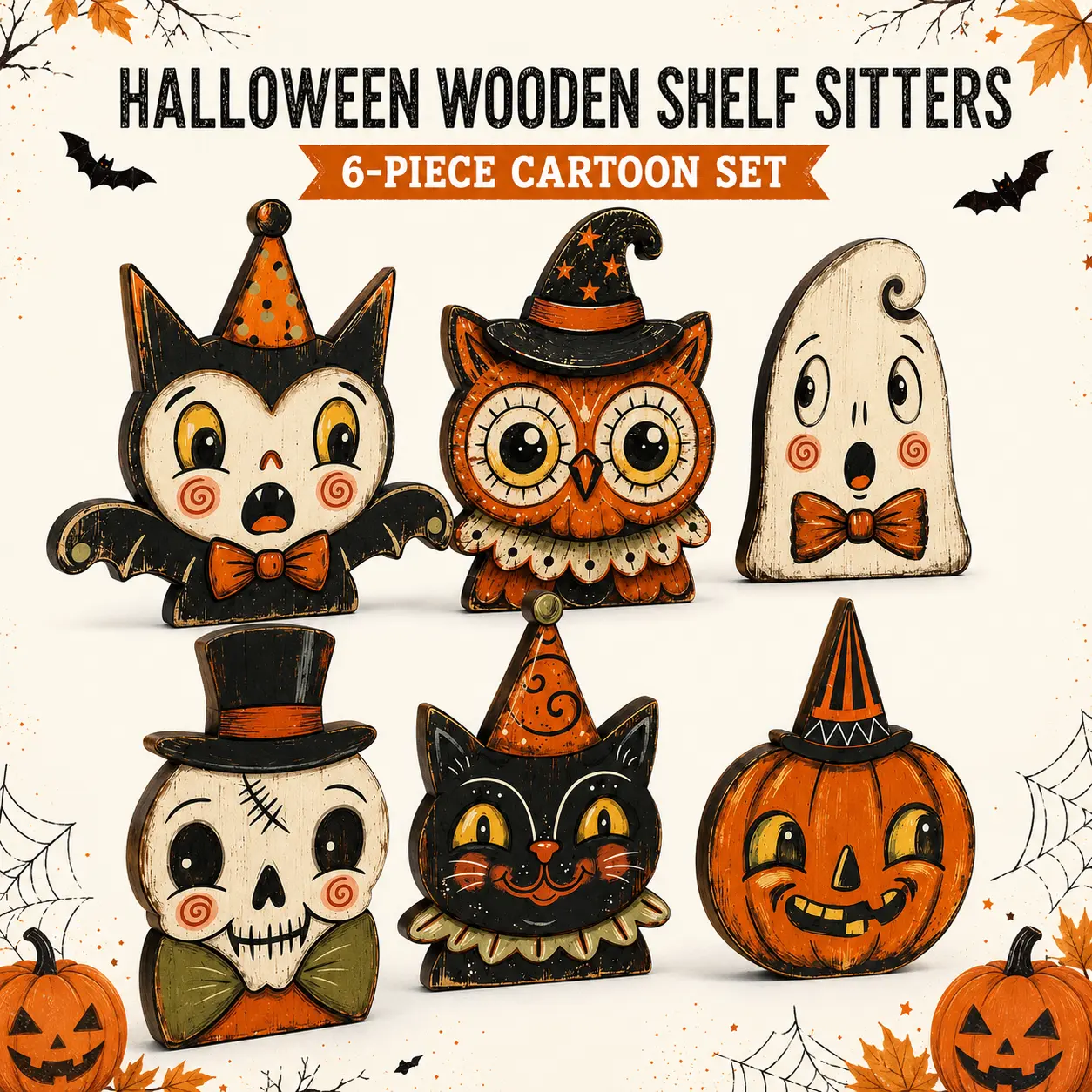 Halloween Wooden Shelf Sitter Decorations, Cute Vintage Ghost Pumpkin BOO Tabletop Decor, 3/4/5/6-Piece Beechwood Set Options for Mantel, Bookshelf, Tiered Tray & Indoor Halloween Home Décor