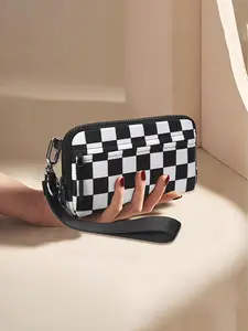 Fashionable Checked Pattern Clear Window Design Wristlet, Casual Versatile Zipper Coin Purse for Women, Trendy All-match Bag for Daily Use