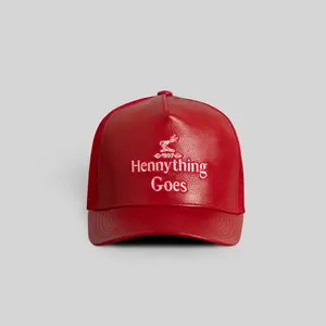 Field Grade Hennything Goes Red Caviar Leather | trucker hat | caviar leather | mesh back | red hat | embroidered | adjustable | varsity | unisex | streetwear | casual | dad hat | Trendy Hat 2026 | Streetwear Headwear | Fashion Cap | Summer Hat | Sun Hat