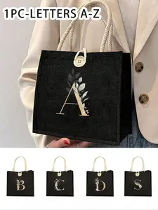 Linen Handbag，Small Floral Linen Button Decorative Handbag,Simple Large-Capacity Handbag, Portable Casual Storage Tote Bag, Multifunctional Shopping Bag，Green Leaf Gold Platinum Letters A-Z,New Design, Large Capacity, Ideal For Shopping, Handheld Bag